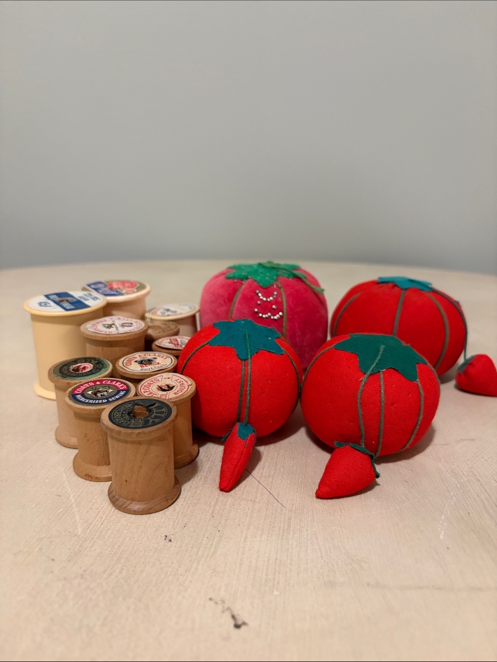 Sewing Notions Lot-4 Pincushions, 8 Wooden Spools And 3 Older Plastic Spools VTG